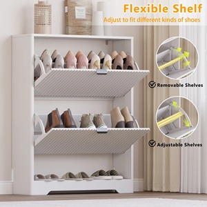 Organisateur de chaussures fin en bois blanc à rainures, étagères réglables, porte-chaussures avec 2 tiroirs rabattables, rangement ouvert pour entrée, couloir - Product Image 2