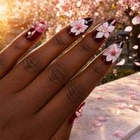 Druk op Nagels Kersenbloesem Sakura Groothandel Op Maat Amandel Valse Nagels Bordeaux 3D Bloem Parel Strass Luxe