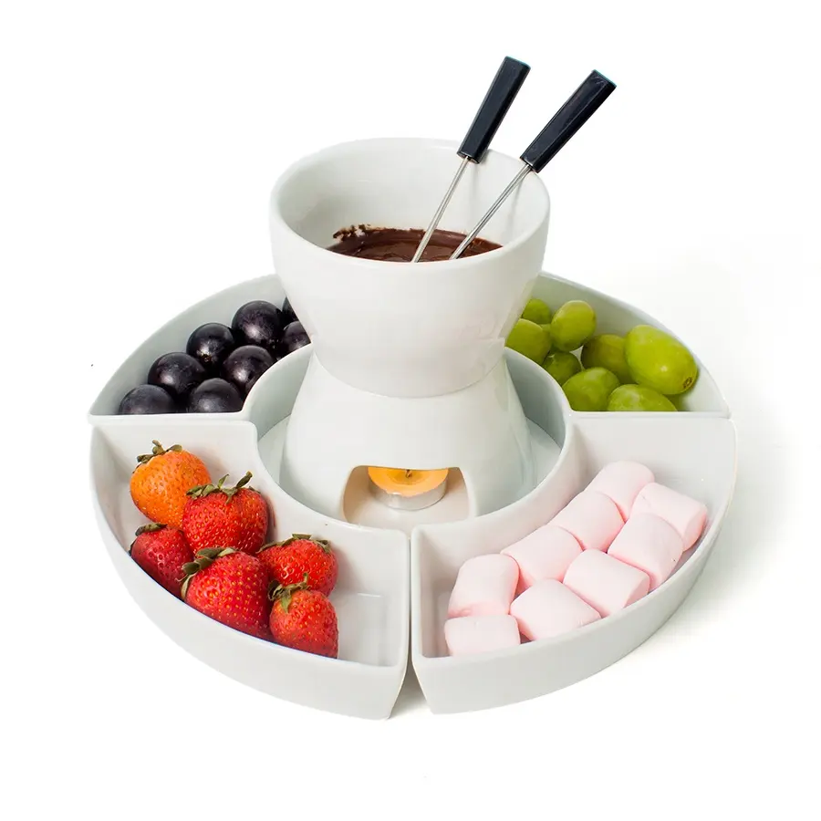 BSCI manufacturer custom candle cheese white ceramic melting pot porcelain chocolate fondue set with forks
