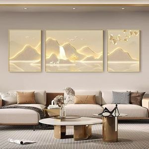 Impresión en Lienzo de Paisaje Abstracto de Alta Calidad, Juego de 3 Paneles, <span class=keywords><strong>Cuadro</strong></span> Moderno Texturizado con Detalles Dorados para Decoración de Dormitorio - Product Image 1