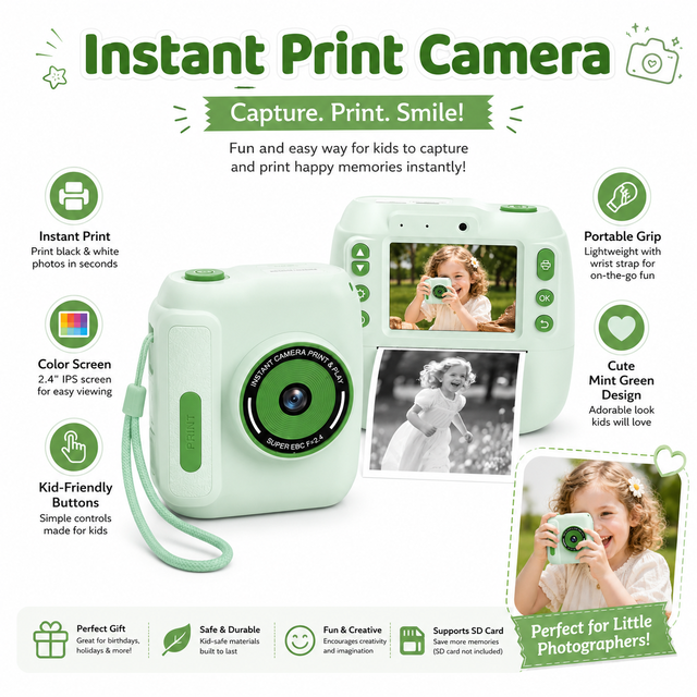 2.4 Inch IPS Screen 48MP High Definition Photo Dual Lens Kids Digital Camera Built-in MP3 Game Thermal Instant Printer Camera