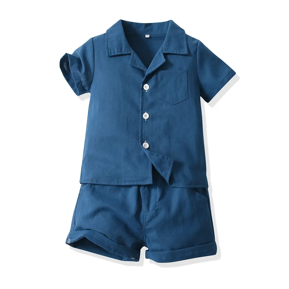 2-Piece Baby Boy Summer Lapel casual short sleeved shirt Breathable Solid Color Fashion Elastic band shorts kids Set