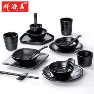 <b>Melamine</b> Bowl And <b>Plate</b> Set Black Round Solid Color Commercial Restaurant Tableware For Daily Use - Product Image 2