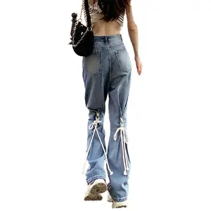 DiZNEW Strap Fashion Straight Leg Jeans Women Spring Fall 2021 Design Sense Of High Waist Wide Leg Pants