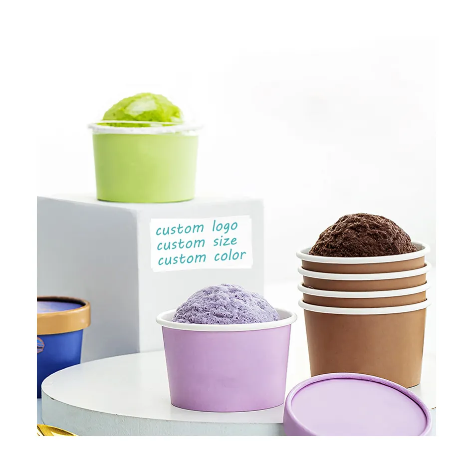 Minlo Custom Logo Icecream Cup Yoghurt Verpakking Ijs Papier Beker Met Deksel En Lepel