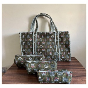 กระเป๋าโท้ทผ้าฝ้ายลายควิลท์คุณภาพดี ลายพิมพ์บล็อกสีเขียวลายดอกไม้ ทำมือ ชุด 3 ช่อง กระเป๋าสะพายไหล่ ราคาขายส่ง - Product Image 2