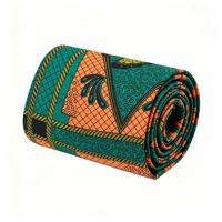 Kain Tekstil Afrika Pagne Real Wax 100% Katun, Latar Belakang Hijau dengan Kotak Oranye, Pinggiran Tali Emas, dan Motif Bunga Vintage