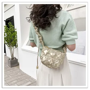 Large Capacity Crossbody Bag Nylon Underarm Fashion Embroidered Puffer Handbag Pleated Puff Cloud Bag