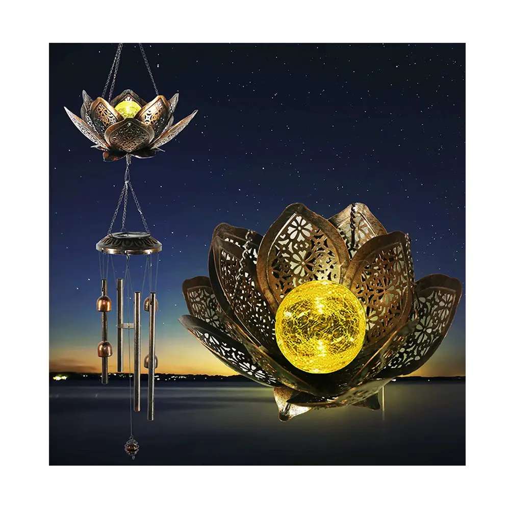 Oniya 41 "Diepe Tone Unieke Lotus Crackle Glazen Bal Solar Windgong Groothandel Met Veranderende Kleuren Led Voor tuin Decor