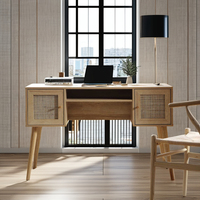 Bureau d'ordinateur en bois moderne et minimaliste à hauteur réglable avec armoire latérale en rotin naturel pour la maison, le bureau et le salon – Vente chaude