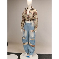 Nouvelle mode automne hiver patchwork assorti veste à fleurs cargo denim jeans 2 deux pièces costume haut et pantalon ensembles en jean pour femmes