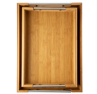 Plateau de service rectangulaire en bambou fait main de luxe avec poignées métalliques, plateau de petit-déjeuner en bois pour aliments