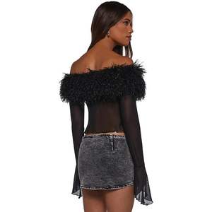 เสื้อแขนยาวตาข่ายแบบสั่งทำพิเศษ รุ่นปี 2026 สำหรับผู้หญิง คอปกขนสัตว์ ไหล่ตก ซีทรู ชายเสื้อไม่สม่ำเสมอ สไตล์ Y2K ระบายอากาศได้ดี ผลิตจากผ้าสแปนเด็กซ์และโพลีเอสเตอร์ - Product Image 4