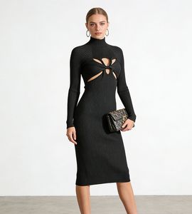 <span class=keywords><strong>Robe</strong></span> mi-longue en maille ajourée style sexy et épicé pour femme, nouvelle collection 2025, design torsadé amincissant - Product Image 2