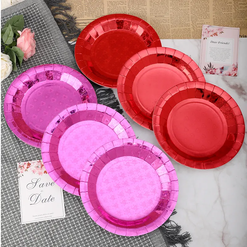 gold laser silver red heart charger dinnerware food cake paper disposable plates for party