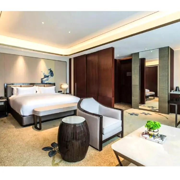 3 4 5 Sterne Hotel möbel Hersteller Full Size Massivholz King Luxus Holzbett Zimmer Hotel möbel Set