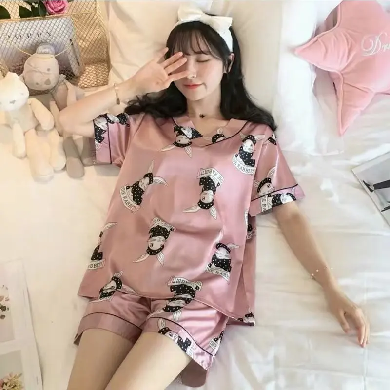 2020 Summer Women Short Sleeved V-neck Pajamas Set Silk Satin Pyjamas Girl Pijama Woman Sleepwear Top Satin Pyjセット