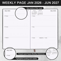 Agenda con espiral A5, impresión del alfabeto inglés, planificador de horarios 26-27, cubierta de cuero, diseño personalizado ecológico, cuaderno de mediado de año