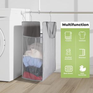 Hanging Laundry Hamper Grey <b>Rectangular</b> Foldable With Handles For Closet Storage - Product Image 5