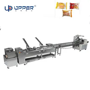 Automatic cookie press sandwich biscuit make machine with flow packing machine | UPPER