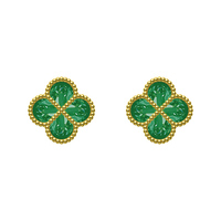 Ensemble de bijoux pour filles haut de gamme en or 18 carats avec bracelet et boucles d'oreilles pendantes en malachite verte Van Cleef, vente en gros.