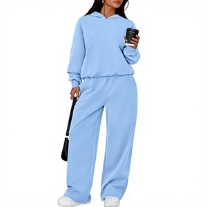 Conjunto de Sudadera con Capucha de Forro Polar de 2 Piezas para Mujer, Color Sólido, Corte Holgado, Informal, Invierno, Pantalones de Manga Larga, 100% Algodón Transpirable - Product Image 1