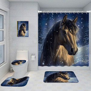 Juego de Cortina de Ducha de Poliéster con Diseño Floral de Caballo Azul, con Ganchos, Lavable a Máquina, Decoración Clásica para Baño - Product Image 6