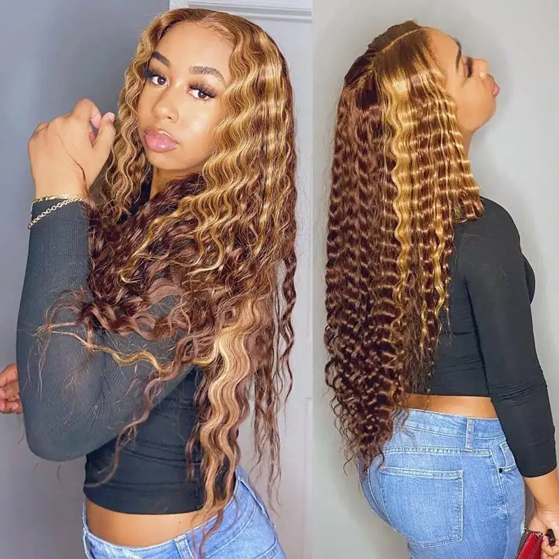 Amanda Glueless HD Swiss Transparent Ombre Piano Highlight Honey Brown Color 13x4 Lace Frontal Curly Brazilian Human Hair Wig