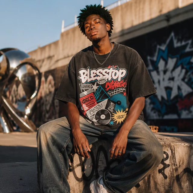 Blesstop Retro Music Collage Short Sleeve T Shirt