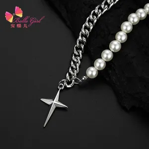 BELLEWORLD nouveau design fait à la main de bonne qualité collier croix hip hop imitation perle chaîne en alliage collier croix en argent femmes