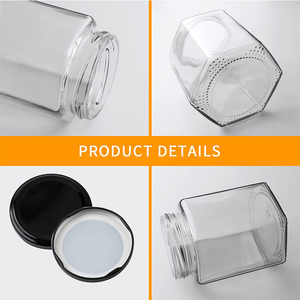 Cuisine en gros 350ml 12oz clair vide unique hexagone pots de miel en verre ensembles avec couvercles en métal d'étanchéité étiquette louche en bois - Product Image 3