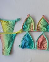 Ensemble de maillot de bain personnalisé pour femme, style halter, rayé, avec passepoil contrastant, armatures, lanières latérales, string, bimini, micro, haute qualité