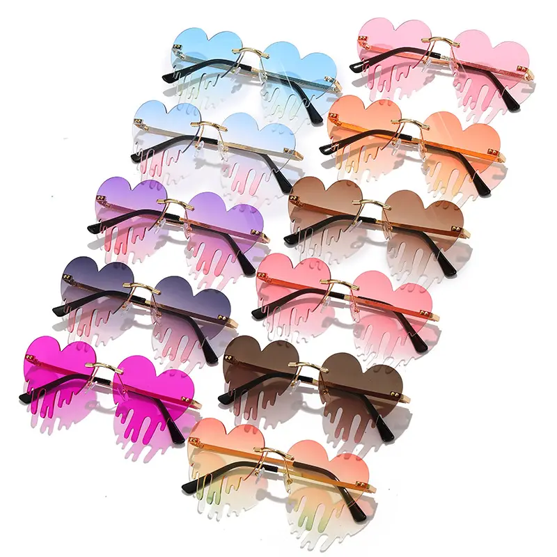 Novo Luxo Gotejamento Derretimento Logotipo Personalizado Óculos Mulheres Bling Shades Gafas De Sol Luxo Festa Forma Rimless Amor Coração Óculos De Sol