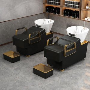 Chaise de lavage de cheveux noire avec cadre en acier inoxydable, accoudoirs et bassin en céramique blanc, inclinable et fixe, pour salon de coiffure - Product Image 4
