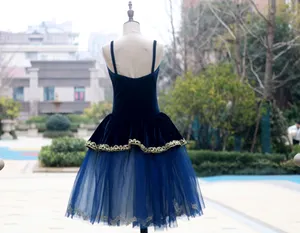 新款海军蓝天鹅绒和薄纱裙女士长款儿童芭蕾舞芭蕾舞礼服。薄纱裙 -- 43