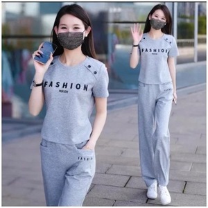 Women's Gray Casual Two-Piece Set Short Sleeve Top Straight Leg Pants Polyester Knitted Sportswear Summer Outfit - Product Image 3