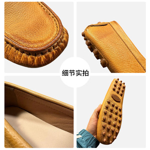 Mocassins en cuir véritable pour hommes, semelle souple, boucle en métal, chaussures décontractées, talon bas, à enfiler, marron - Product Image 5
