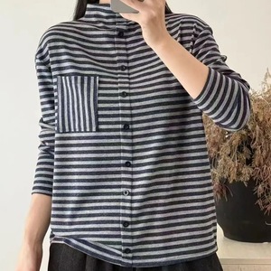 Striped Long Sleeve Button Down Top Women Autumn Winter Loose Fit Knit Shirt Red Black Navy Blue DF B47 - Product Image 3