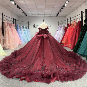 Dy8573 Elegant Wine <b>Red</b> Princess Quinceanera Ball Gown Appliques <b>Glitter</b> Chiffon Floral Embroidery Natural Shoulder Lace Dress - Product Image 4