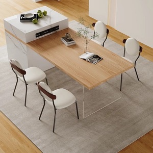 Chaise de salle à manger rembourrée avec dossier en bois massif, couleur crème, design minimaliste nordique, pour salon - Product Image 4