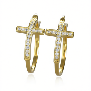 Pendientes de Aro con Cruz Chapados en Oro con Cristales de Estrás Engastados, Joyería Religiosa, Pendientes de Moda Unisex - Product Image 1