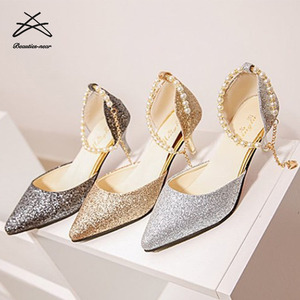 Sandales pour femmes été 2022, nouvelle mode coréenne, pointues, avec paillettes et perles, sandales à talon court pour mariée et demoiselle d'honneur - Product Image 1