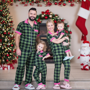 HUOYOUNG Ensemble de pyjamas de Noël en coton et bambou à carreaux vert <span class=keywords><strong>personnalisé</strong></span> pour la <span class=keywords><strong>famille</strong></span> Tenues de Noël assorties - Product Image 2