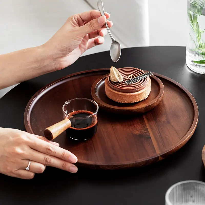 Factory Direct Ins-Style round Japanese Tea Tray Sustainable Wooden Plate Dish for Cafe Dessert and Cake Serving plate