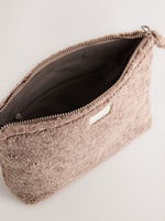 Pochette de maquillage pour femme en tissu doux Teddy avec fermeture éclair et logo personnalisé pour l'hiver, pochette de toilette en peluche douce pour femme