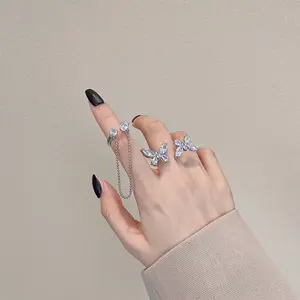 DAIHE 패션 한국어 지르콘 크리스탈 나비 반지 긴 술 인덱스 손가락 오픈 반지 여성 보석