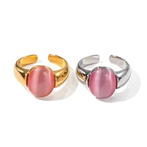 Pink Cat Eye Natural Stone Wide Open Ring 18K PVD Gold Plated Stainless Steel High Quality Stone Jewelry Ring
