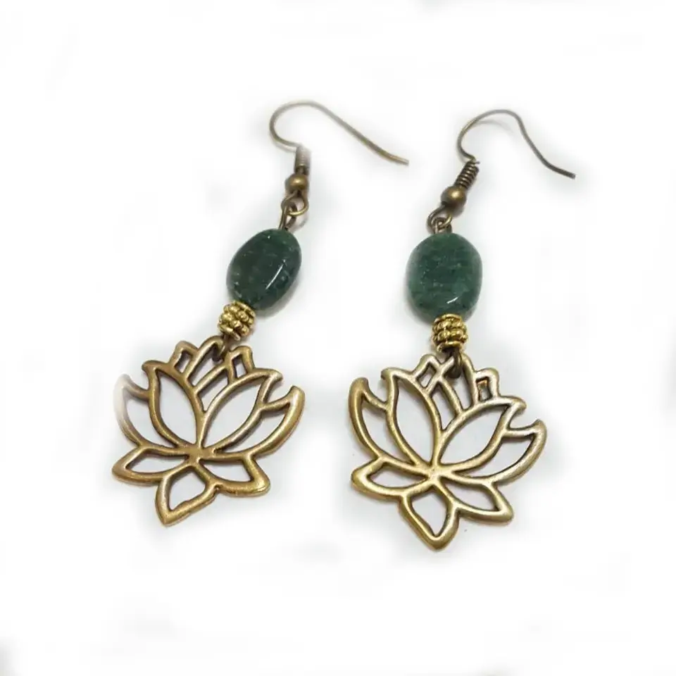 Factory direct sale vintage gold boho emerald lotus drop earring jewelry for ladies