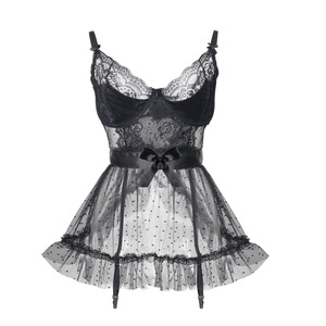 G6351 XXXL seksi erotik iç çamaşırı Babydoll gecelik tanga kadınlar için çorap pijama Robe dantel transparan iç çamaşırı ile Set - Product Image 2