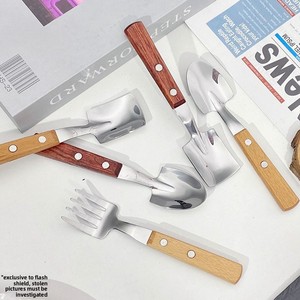 Creative Engineer Shovel-style Spoon <strong>Fork</strong> Metal Wooden Handle Light Luxury Retro Japanese-style Square-head <strong>Spade</strong> for Vintage - Product Image 1